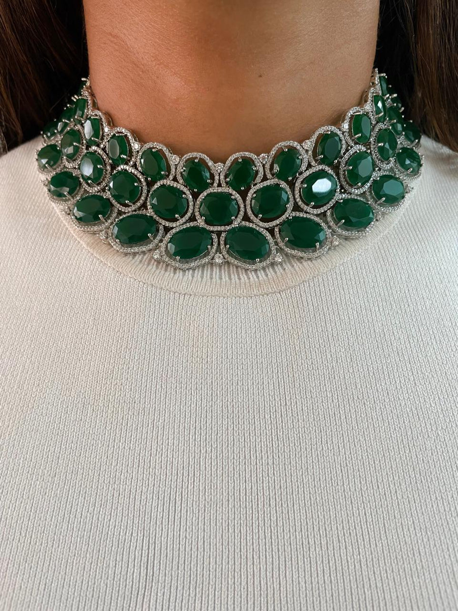 Three Layered Floret Emerald Diamond Setting Statement Choker Set (Earrings & Necklace)