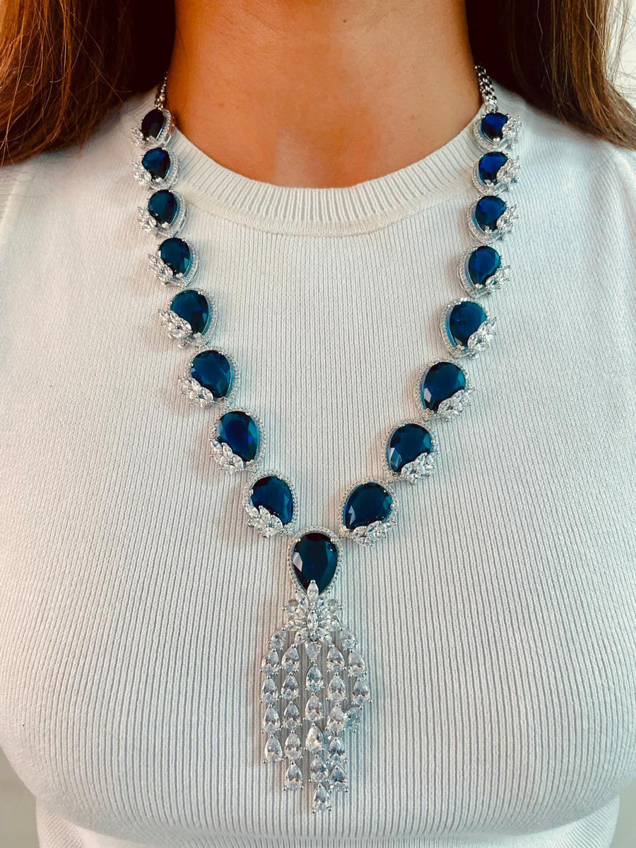 Maharani Sapphire Tear Drop Drop Joyelle Dimonte Line Collier (Collier et boucles d'oreilles)