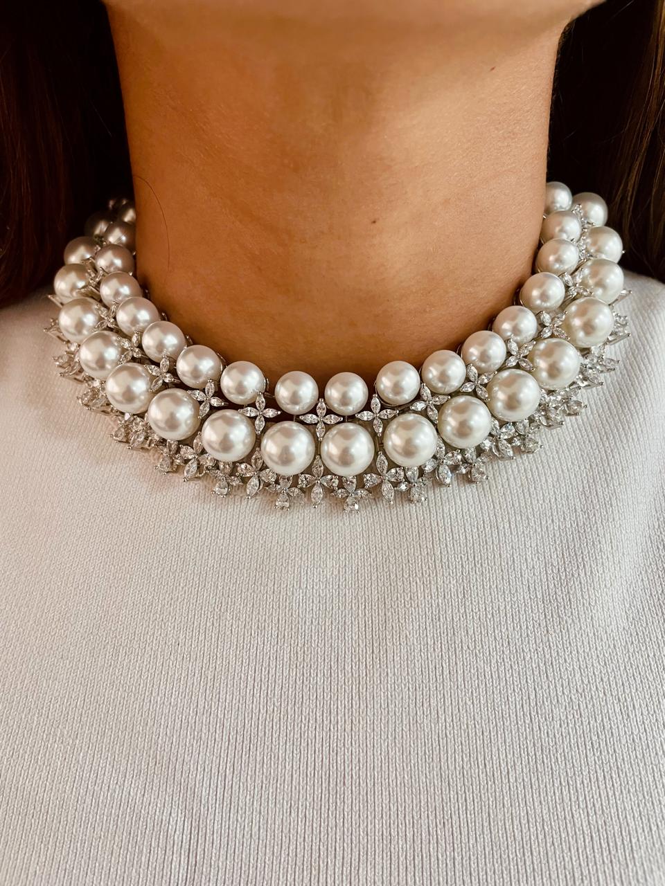 Pearly Silver Dimonte Floret Necklace & Earrings Set by Prerto — bridal jewellery