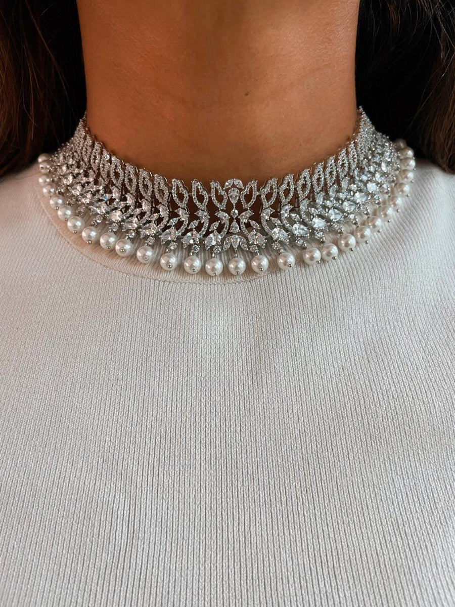 Dimonte Pearly Drop Choker Set (Necklace & Earrings)