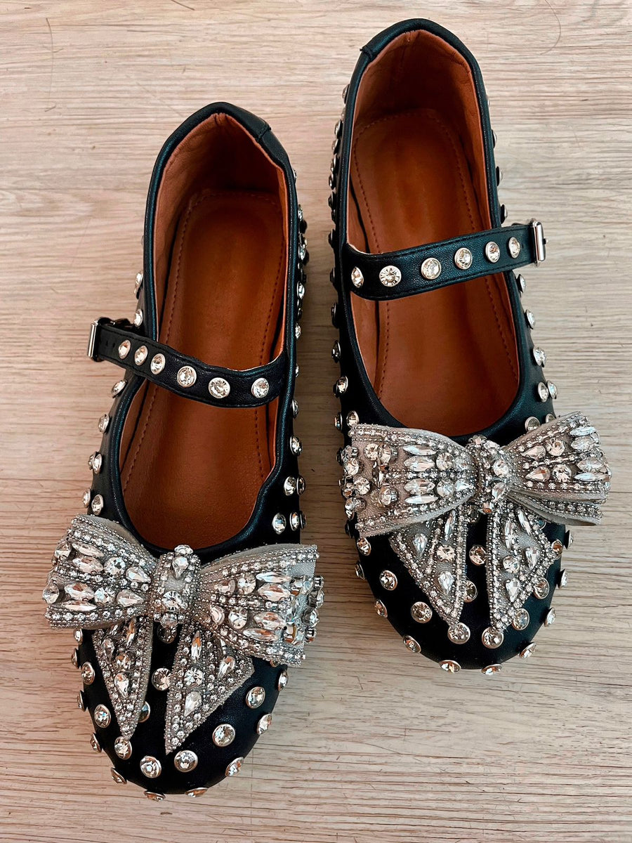 Black Dimonte Studs Bow Embellished Ballerina Shoes