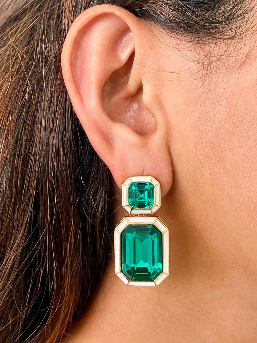 White Enamel Teal Green Dual Square Earrings