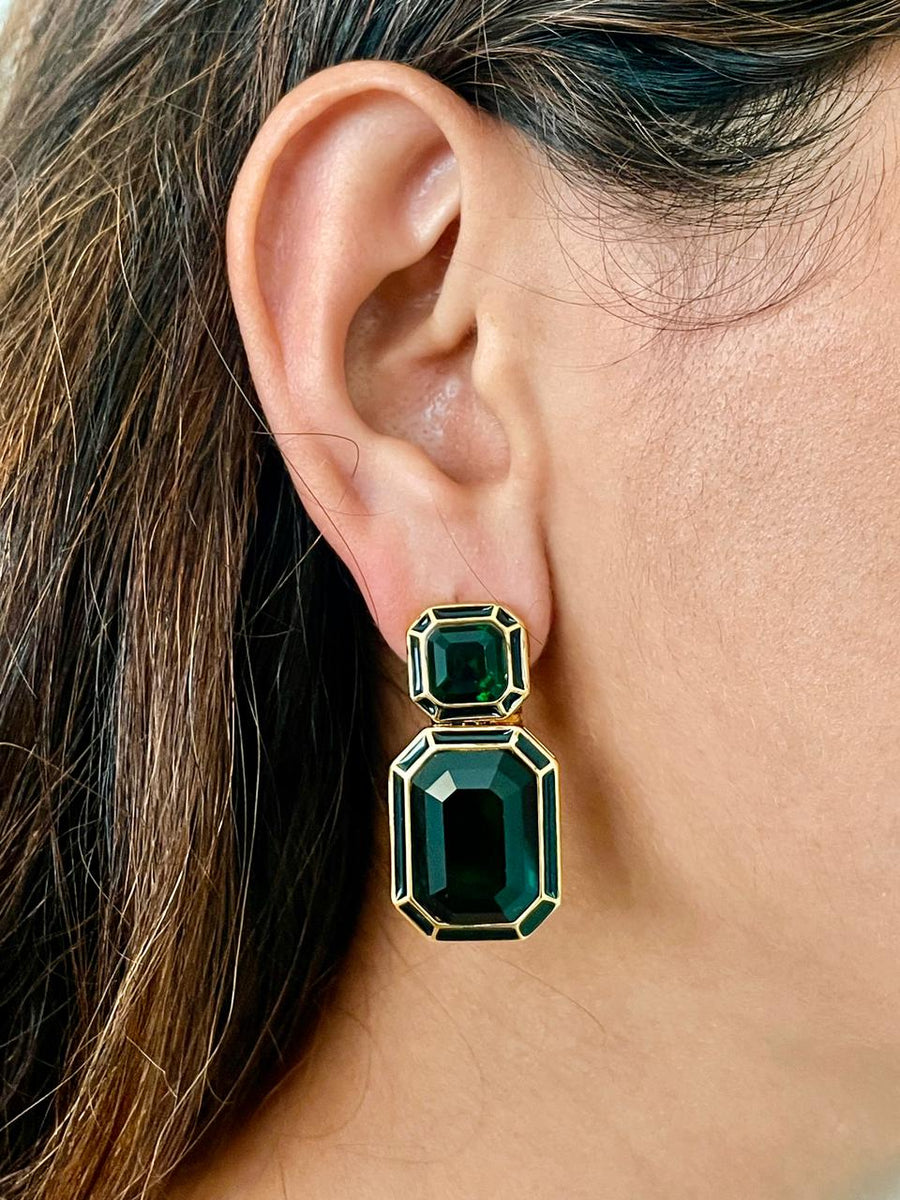 Zwart email Emerald Green Dual Square oorbellen