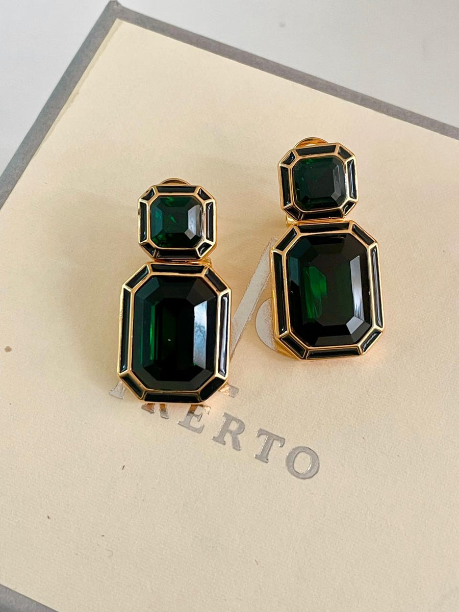 Zwart email Emerald Green Dual Square oorbellen