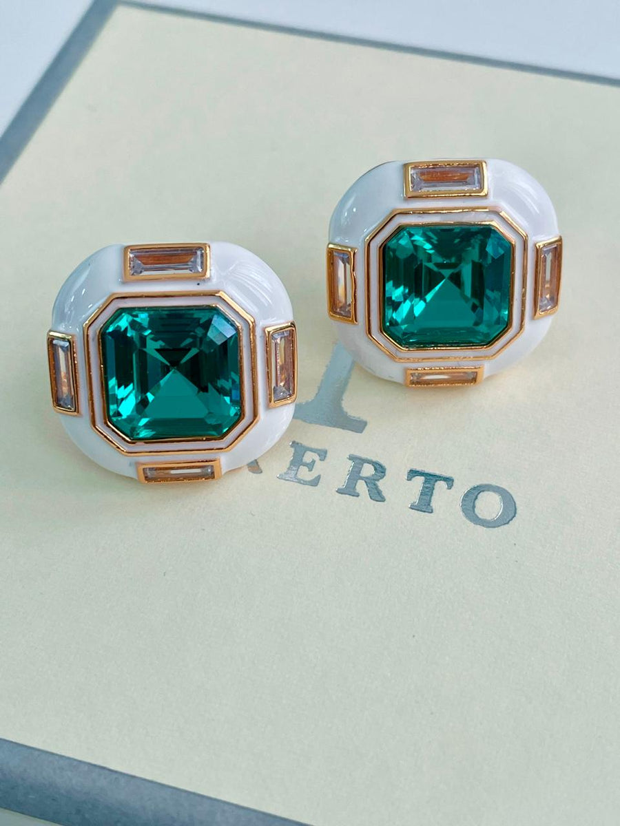 White Enamel Gold Emerald Dimonte Studs