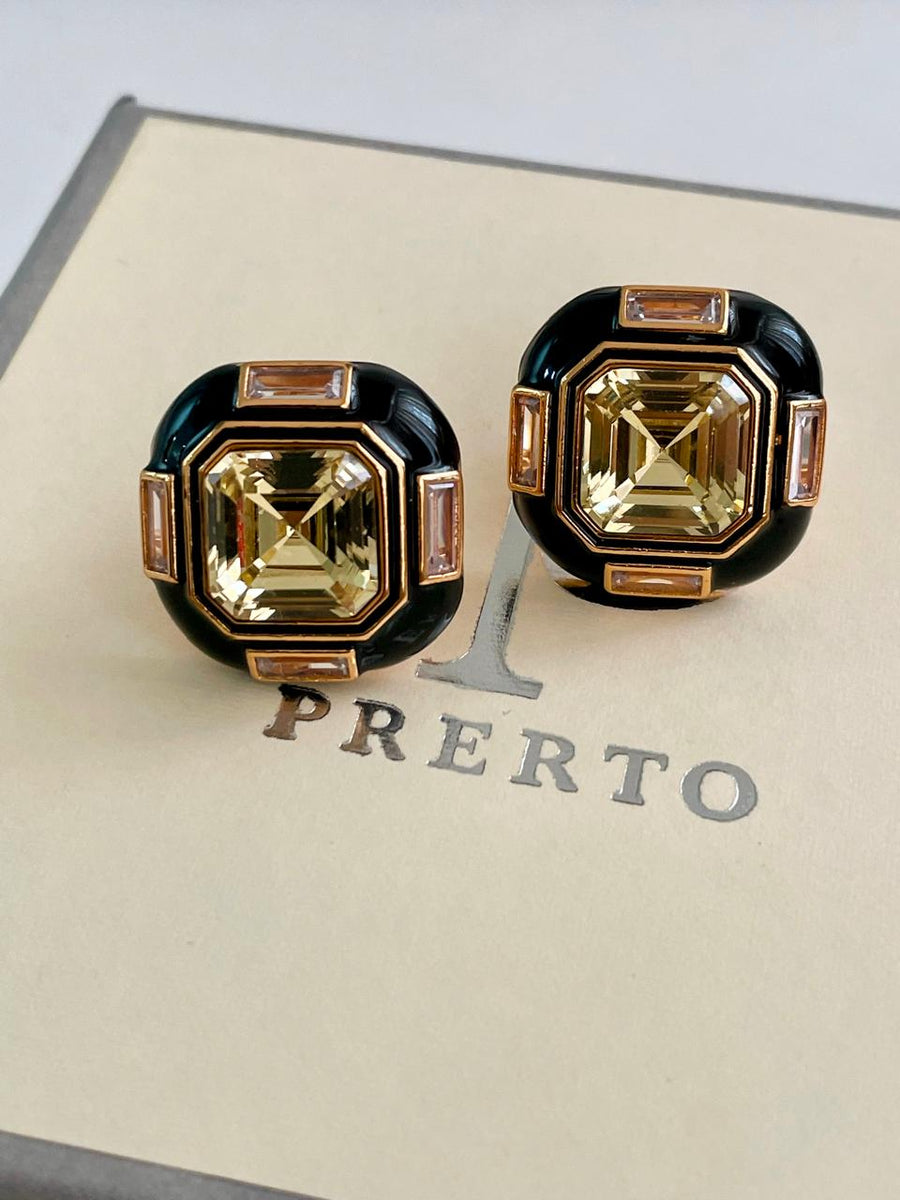 Zwart email Gold Citrine Dimonte Studs