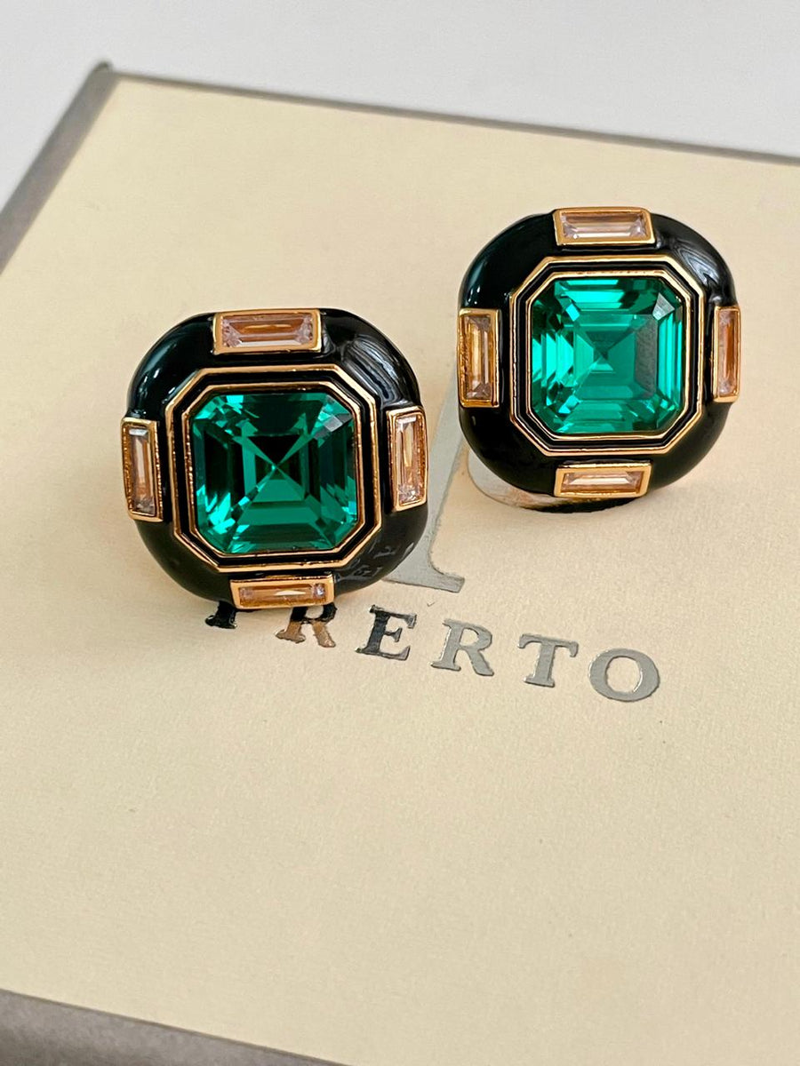 Black Enamel Gold Emerald Dimonte Studs