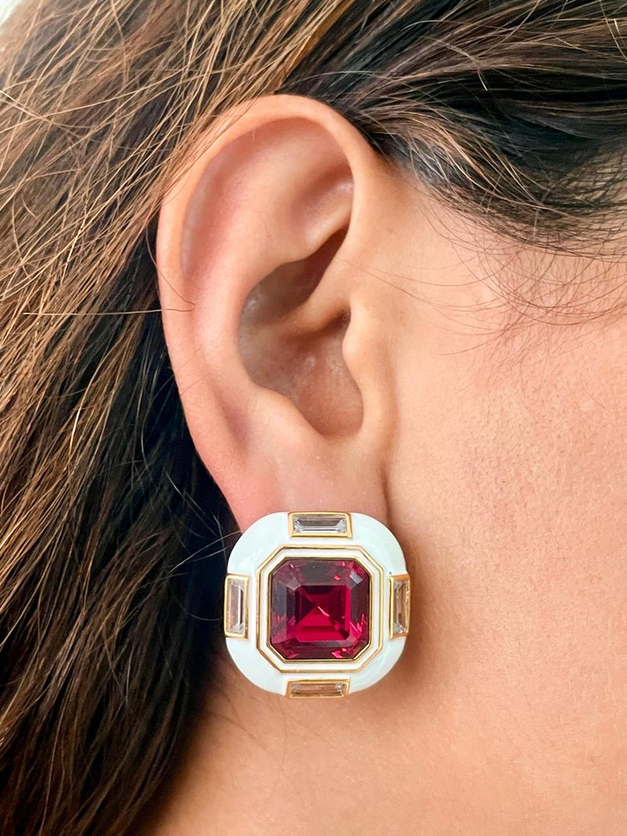 White Enamel Gold Ruby Dimonte Studs