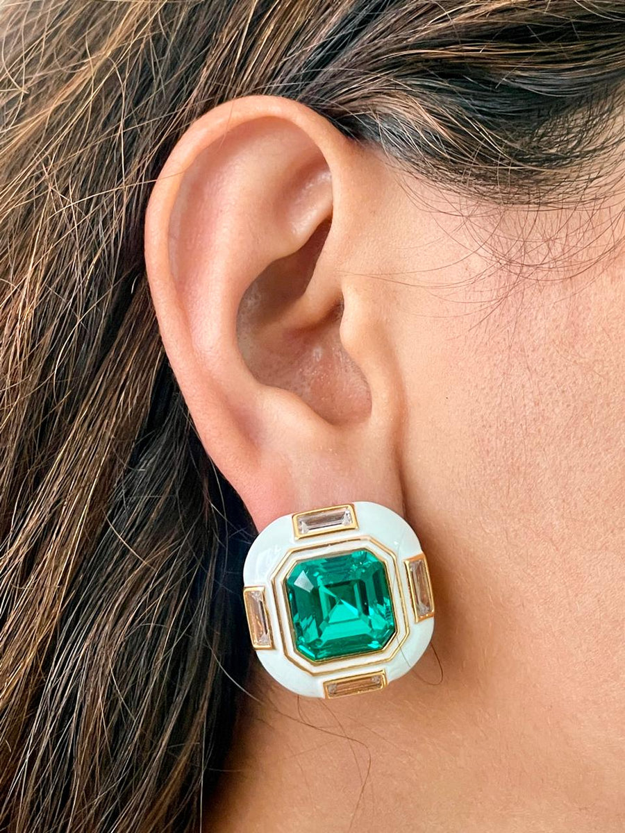 White Enamel Gold Emerald Dimonte Studs