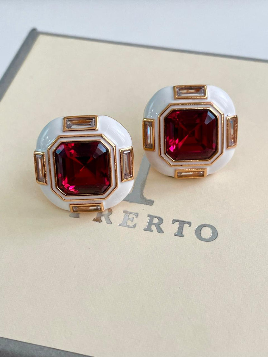 White Enamel Gold Ruby Dimonte Studs