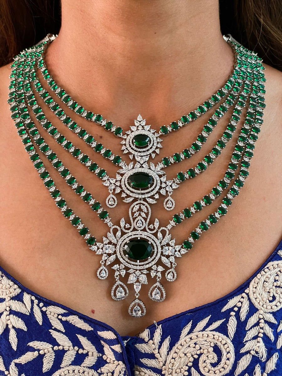 5 Layer Center Piece Emerald Dimonte Necklace Set (Earrings & Necklace)