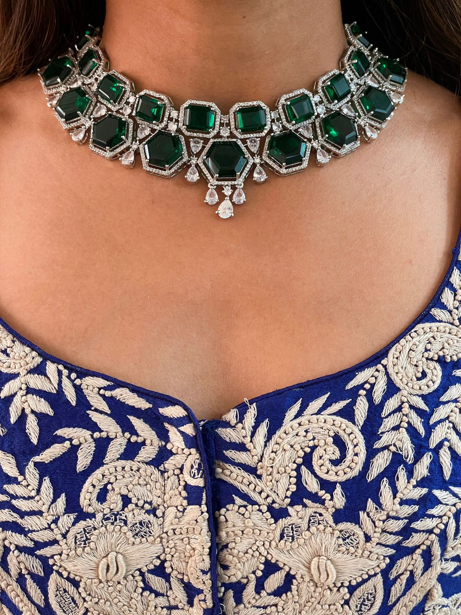 Emerald Square Hexagonal Dimonte Choker Necklace Set (Necklace & Earrings)