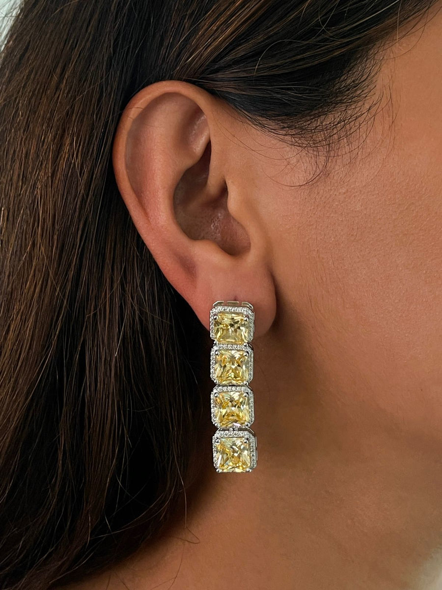 Maharani Citrine Square Perpendicular Drops Diamonte Statement Necklace & Citrine Tennis Necklace Set (Earrings & Necklace)