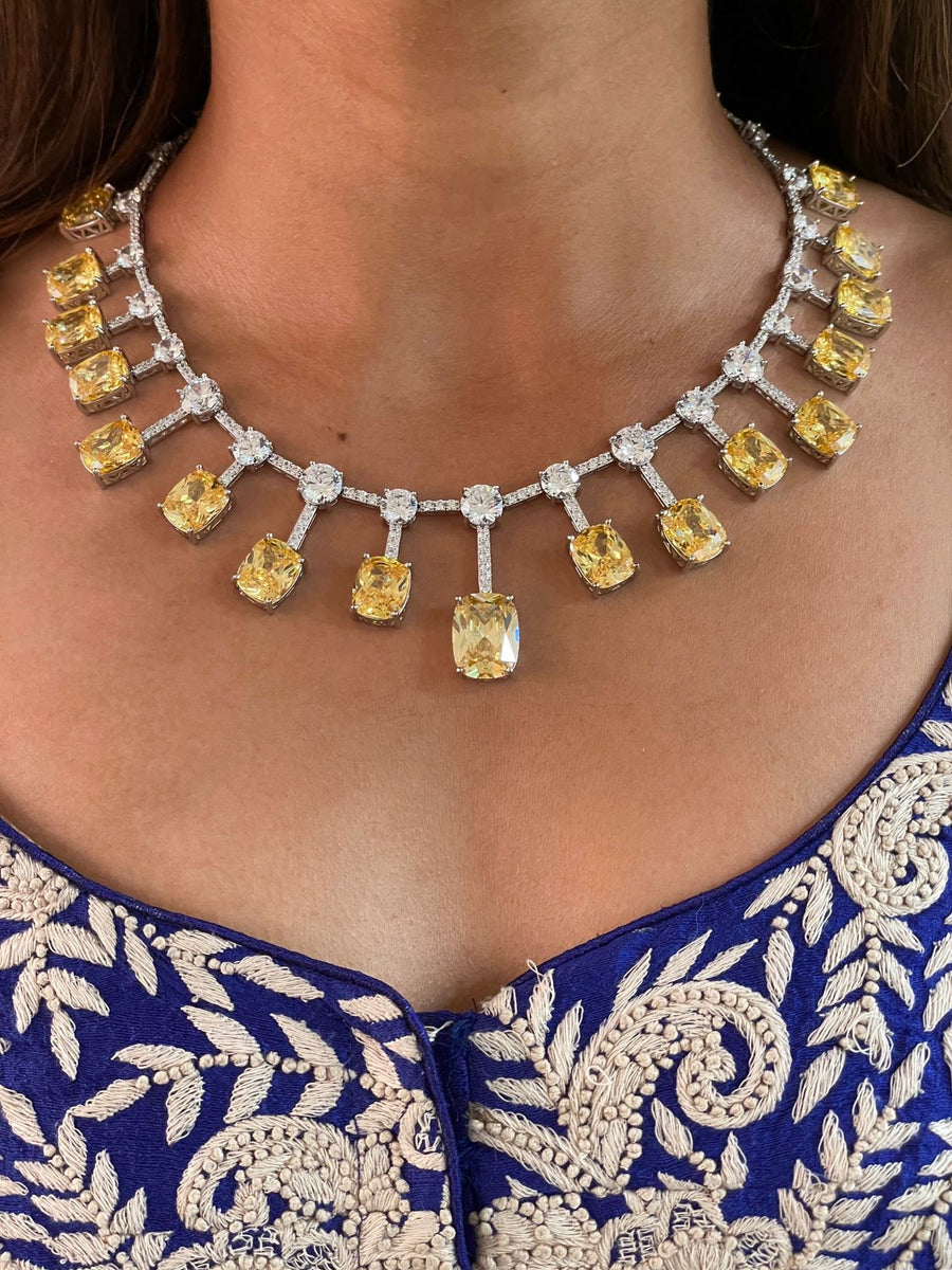 Maharani Citrine Square Perpendicular Drops Diamonte Statement Necklace & Citrine Tennis Necklace Set (Earrings & Necklace)