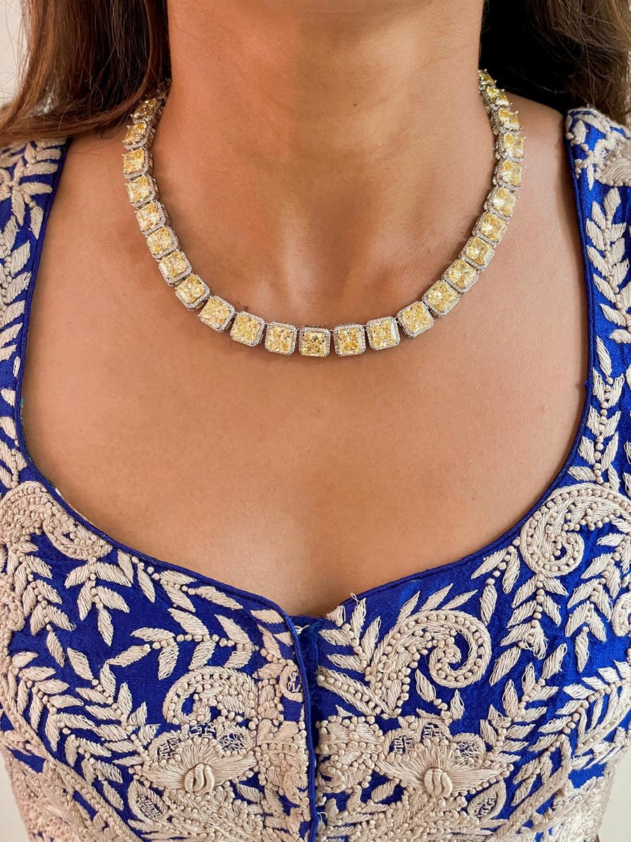 Maharani Citrine Square Perpendicular Drops Diamonte Statement Necklace & Citrine Tennis Necklace Set (Earrings & Necklace)