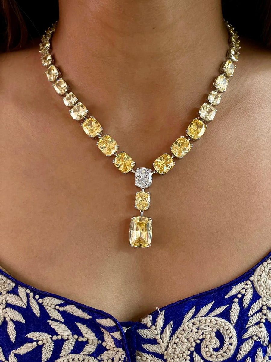 Citrine Square Drop Diamonte Statement Necklace Set (Earrings, Necklace, Ring & Bracelet)