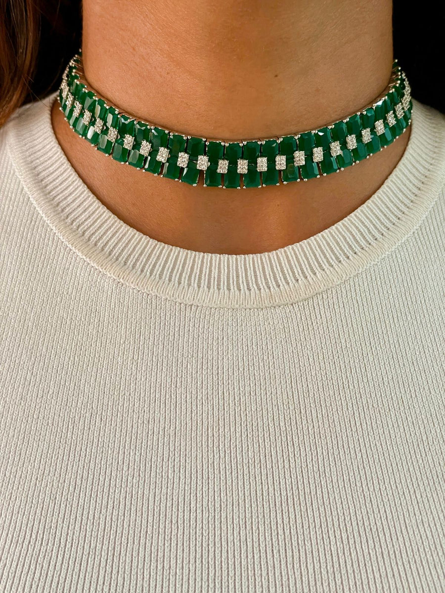 Maharani Reja＆Faguette Emerald Diamonte Choker套件（耳环和项链）