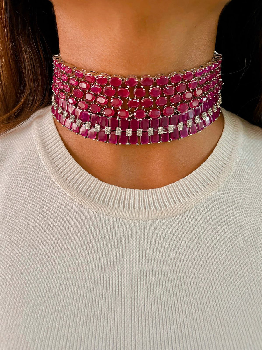 Maharani Magenta Kate & Baguette Magenta Diamonte Choker Set (oorbellen en ketting)