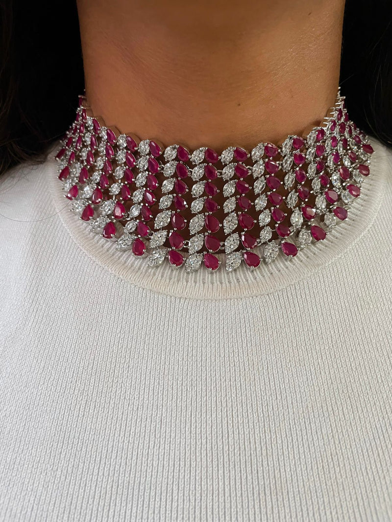 Heart Ruby & Diamond Necklace Set — front view — Prerto