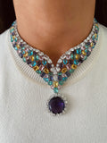 Ramona Multi Colour Diamond Necklace & Earrings Set — front view — Prerto