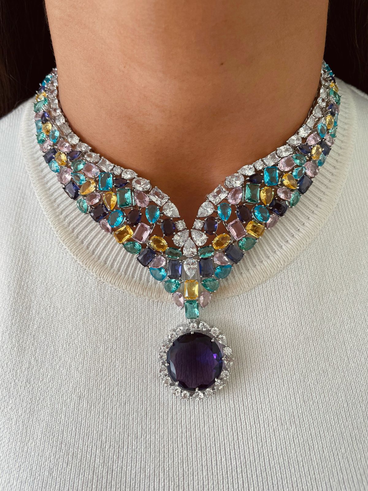 Ramona Multi Colour Diamond Necklace & Earrings Set — front view — Prerto