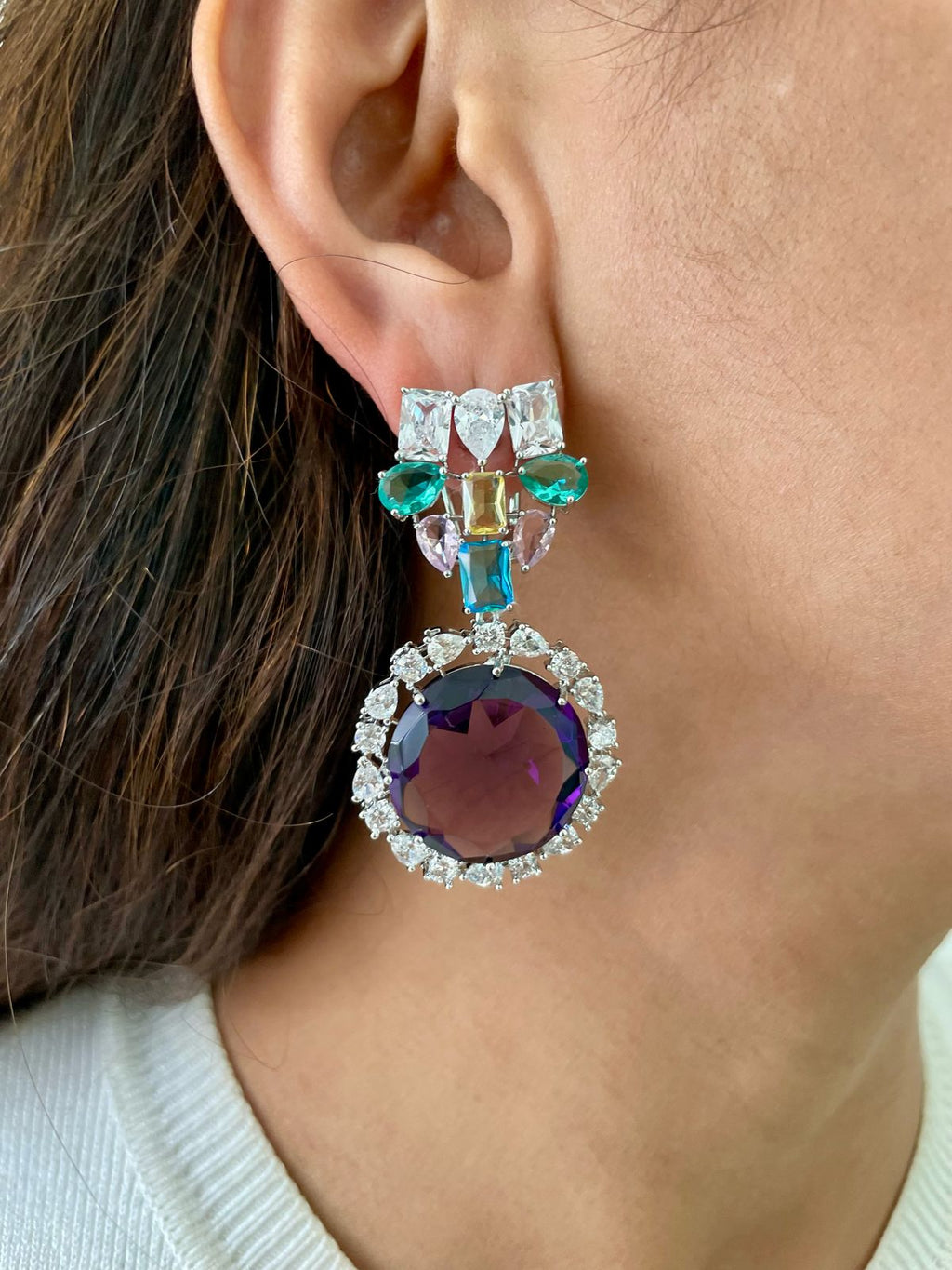 Ramona Multi Colour Diamond Necklace & Earrings Set — worn on model — Prerto