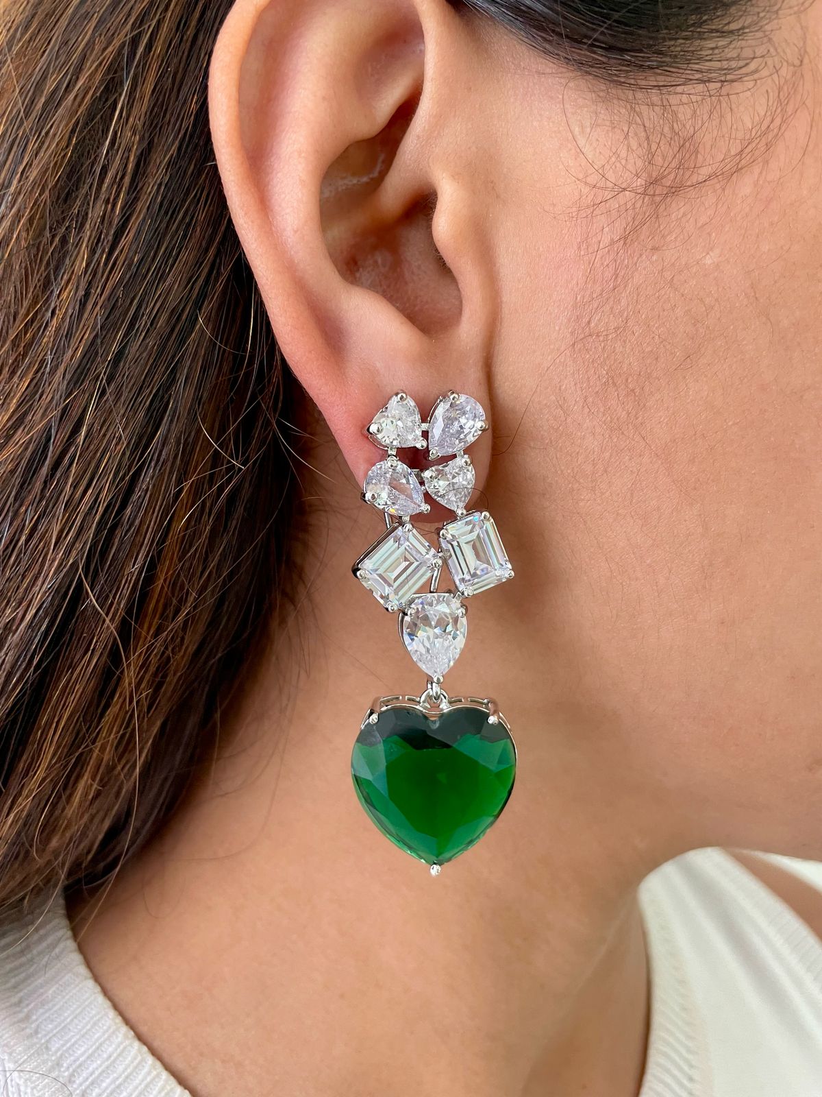 Geometric Emerald Heart Drop Statement Necklace Set — worn on model — Prerto