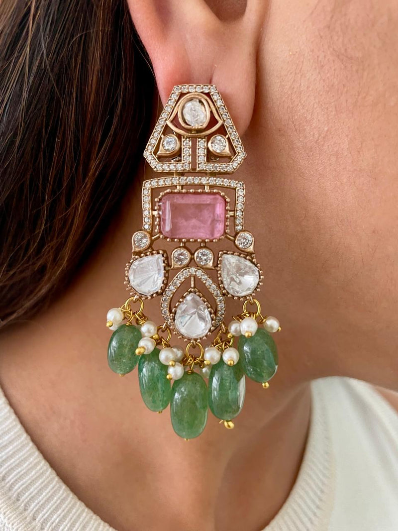 Queen Turquoise Emerald Droplet Kundan Polki Necklace & Earrings Set — worn on model — Prerto