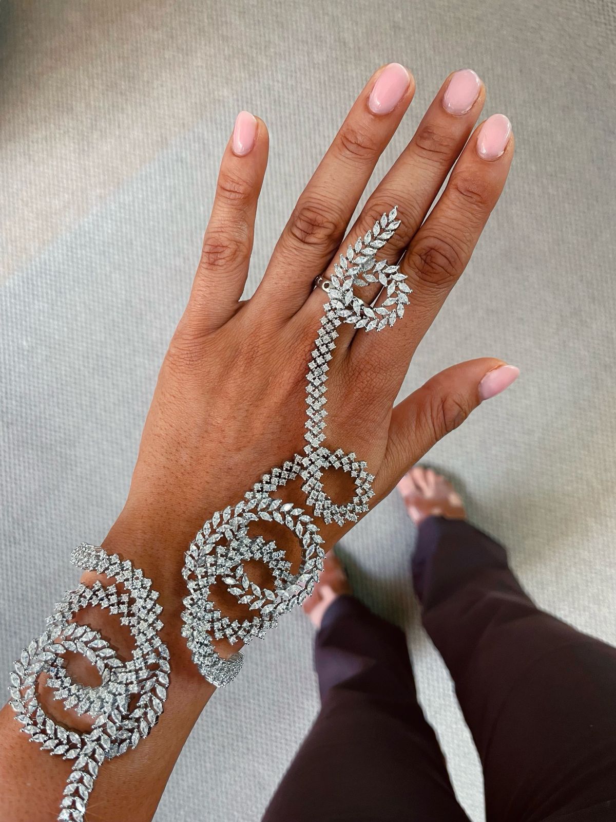Swirling Diamond Haath Phool Hand Harness by Prerto — Indian bridal mehndi jewellery