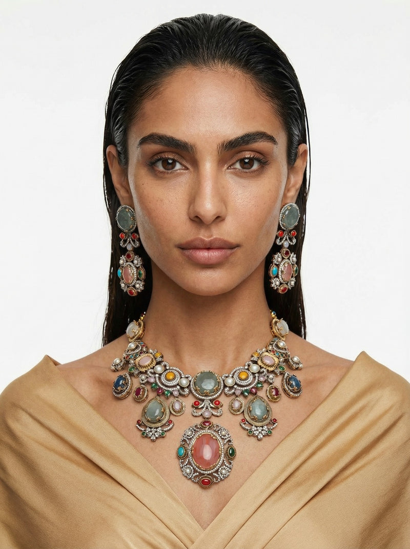 Zivara Luxe Multicolour Statement Necklace Set — front view — Prerto