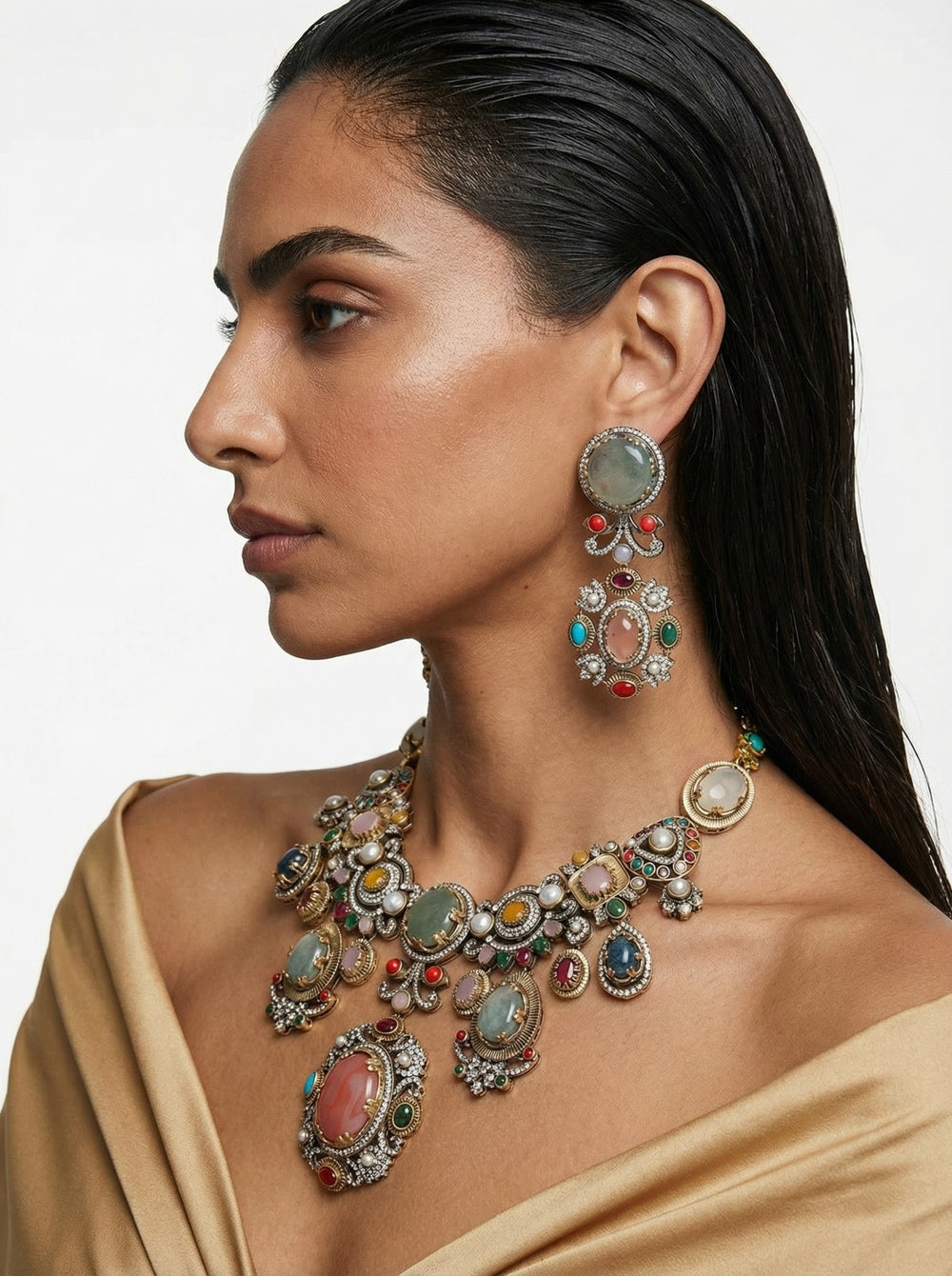 Zivara Luxe Multicolour Statement Necklace Set — worn on model — Prerto