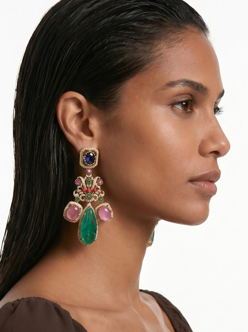 Elena Multi Colour Semi Precious Pink Green Zircon Statement Earrings by Prerto — festive jewellery