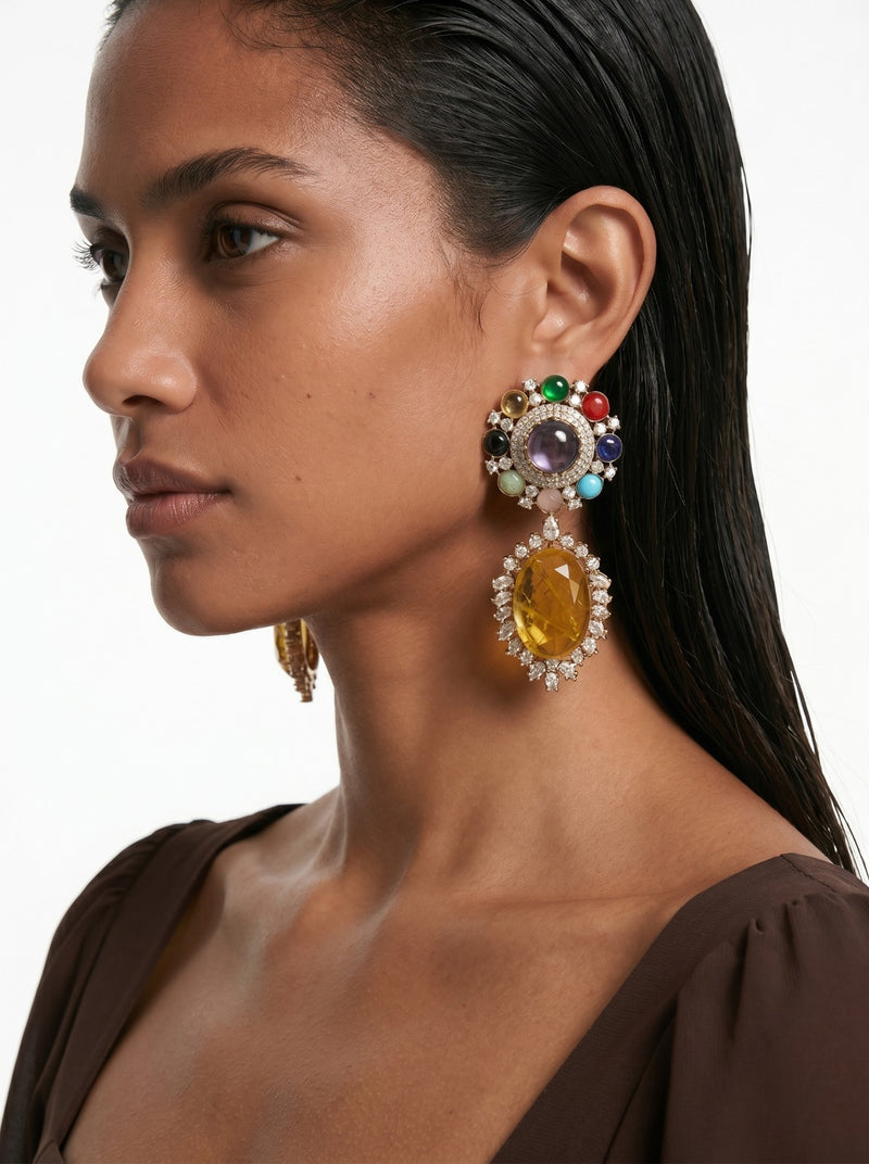 Luna Multi Colour Semi Precious Citrine Zircon Statement Earrings by Prerto — festive jewellery