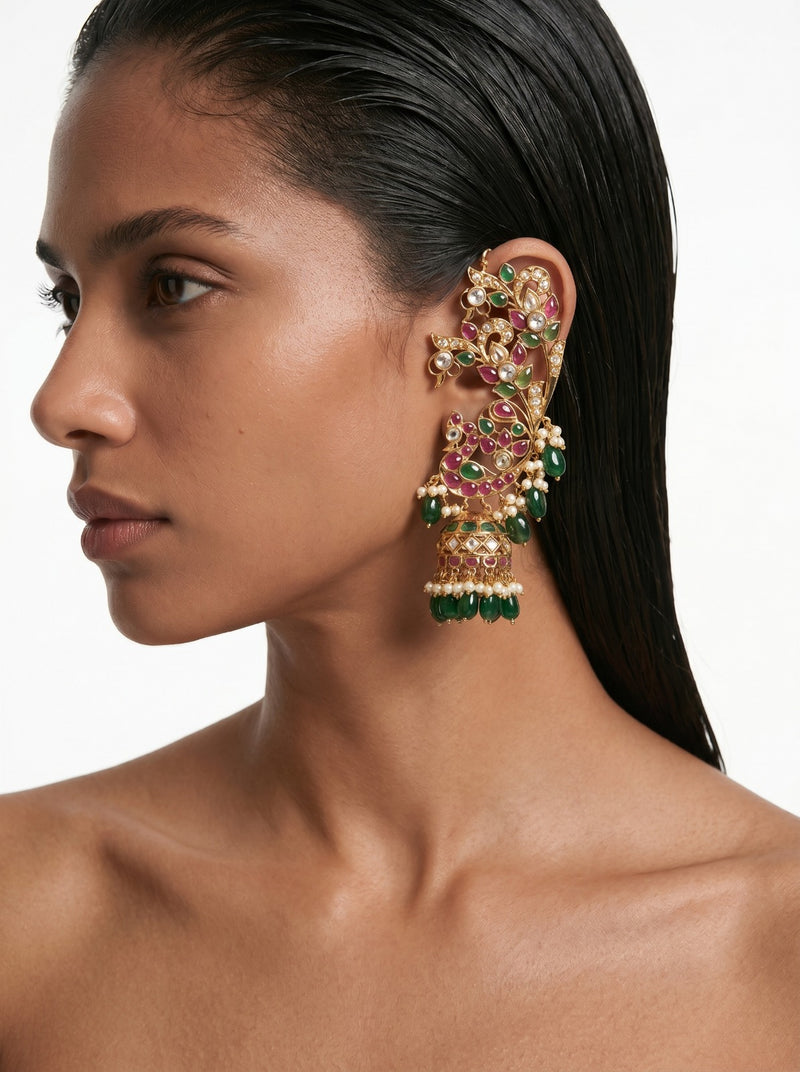 Dhamilia Semi Precious Polki Kundan Ruby Statement Earcuff Earrings — worn on model — Prerto