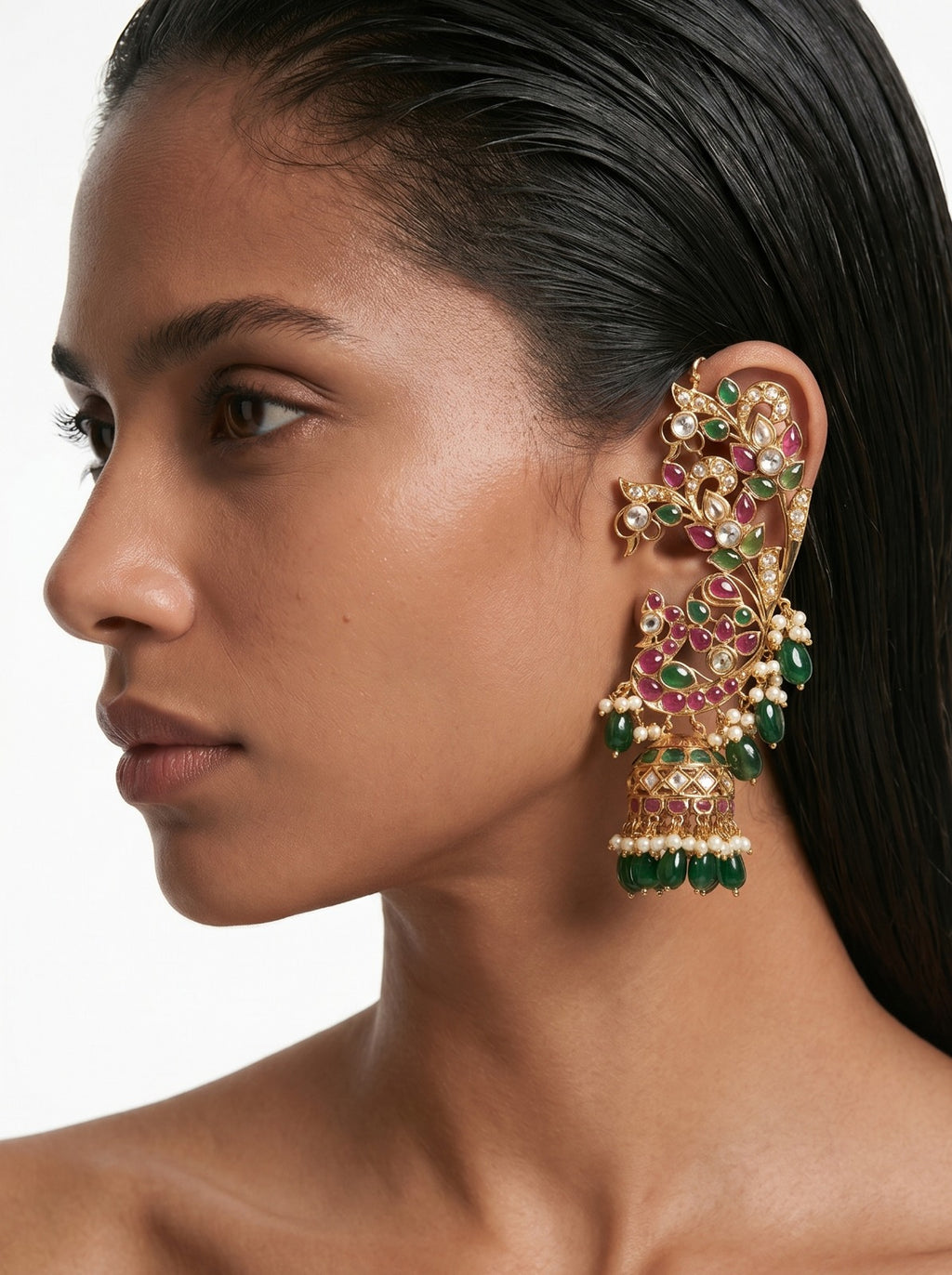 Dhamilia Semi Precious Polki Kundan Ruby Statement Earcuff Earrings by Prerto — Indian bridal jewellery