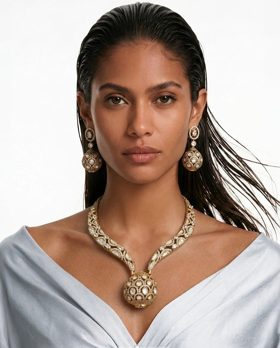 Pazeer Moissanite Polki Kundan Diamond Statement Luxe Necklace Set — worn on model — Prerto
