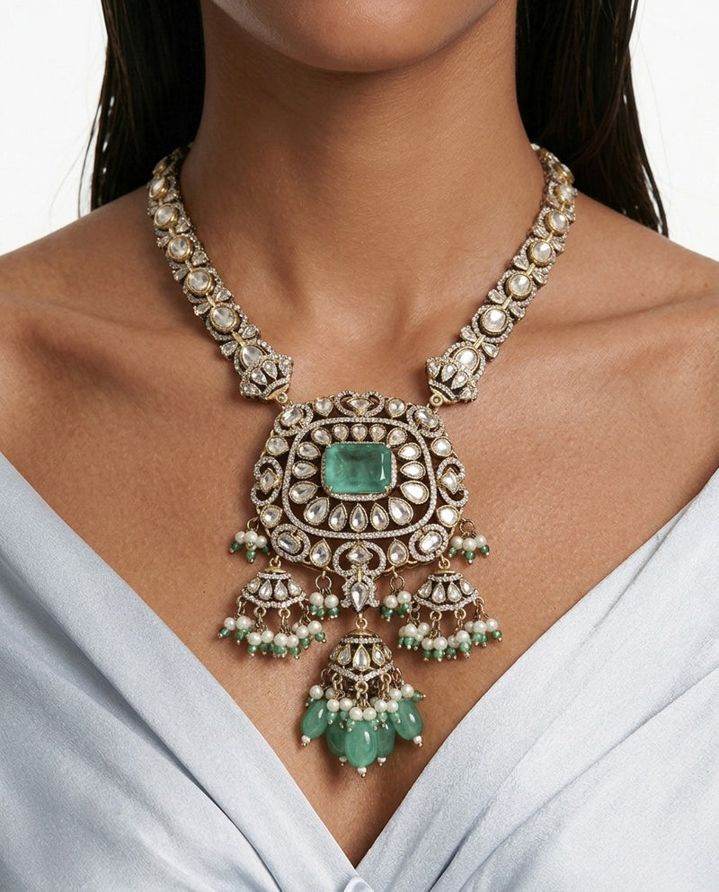 Myra Emerald Mint Moissanite Polki Kundan Pendant Necklace Set by Prerto