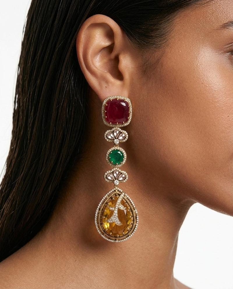 Plaira Ruby Citrine Emerald Multi-Colour Moissanite Polki Kundan Earrings by Prerto