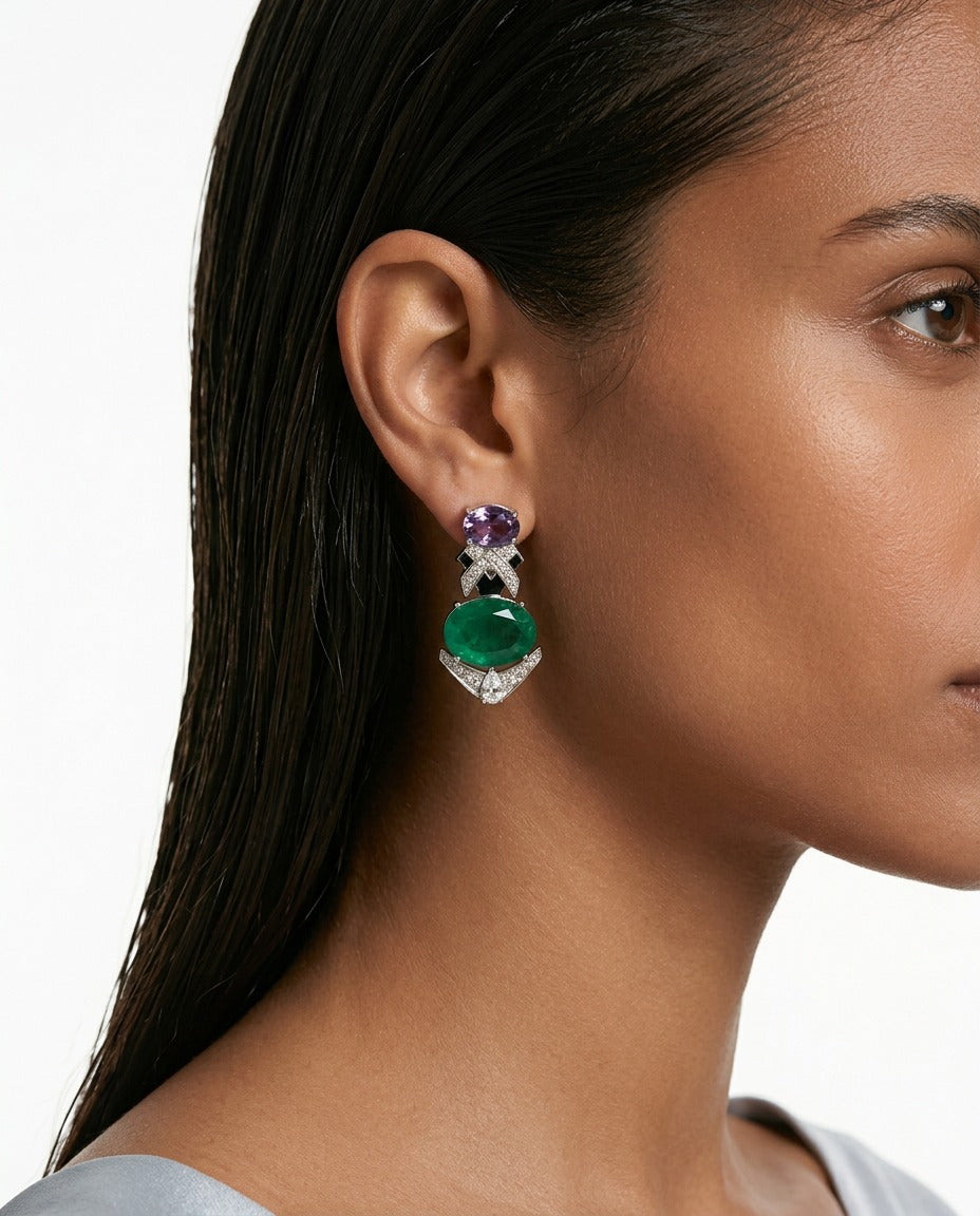 Aarohi Emerald Purple Diamond Zircon Enamel Necklace Set — worn on model — Prerto
