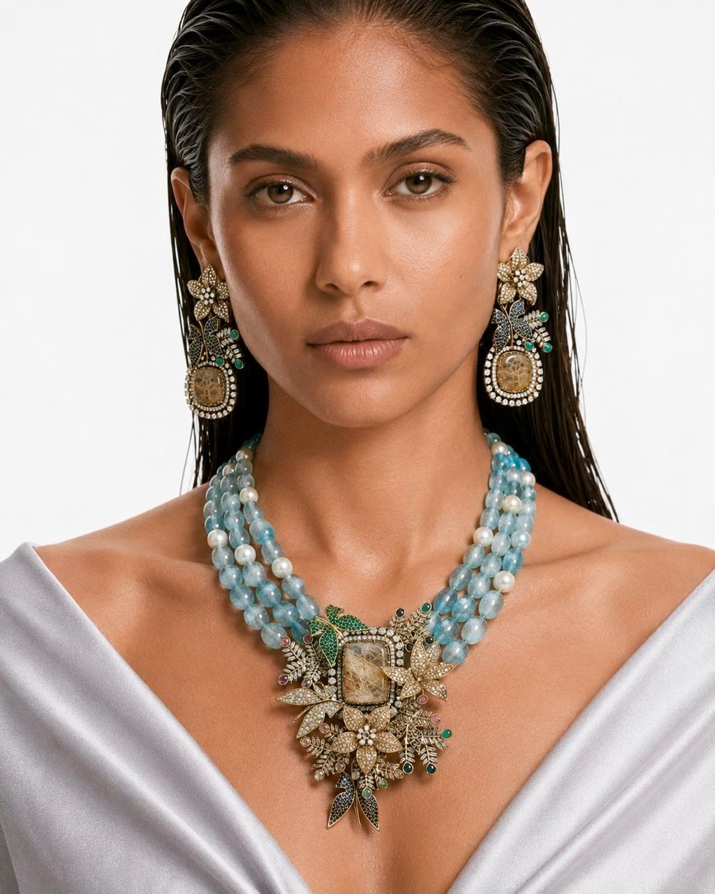 Tazkia Aqua Multi Colour Moissanite Polki Kundan Pendant Necklace Set by Prerto