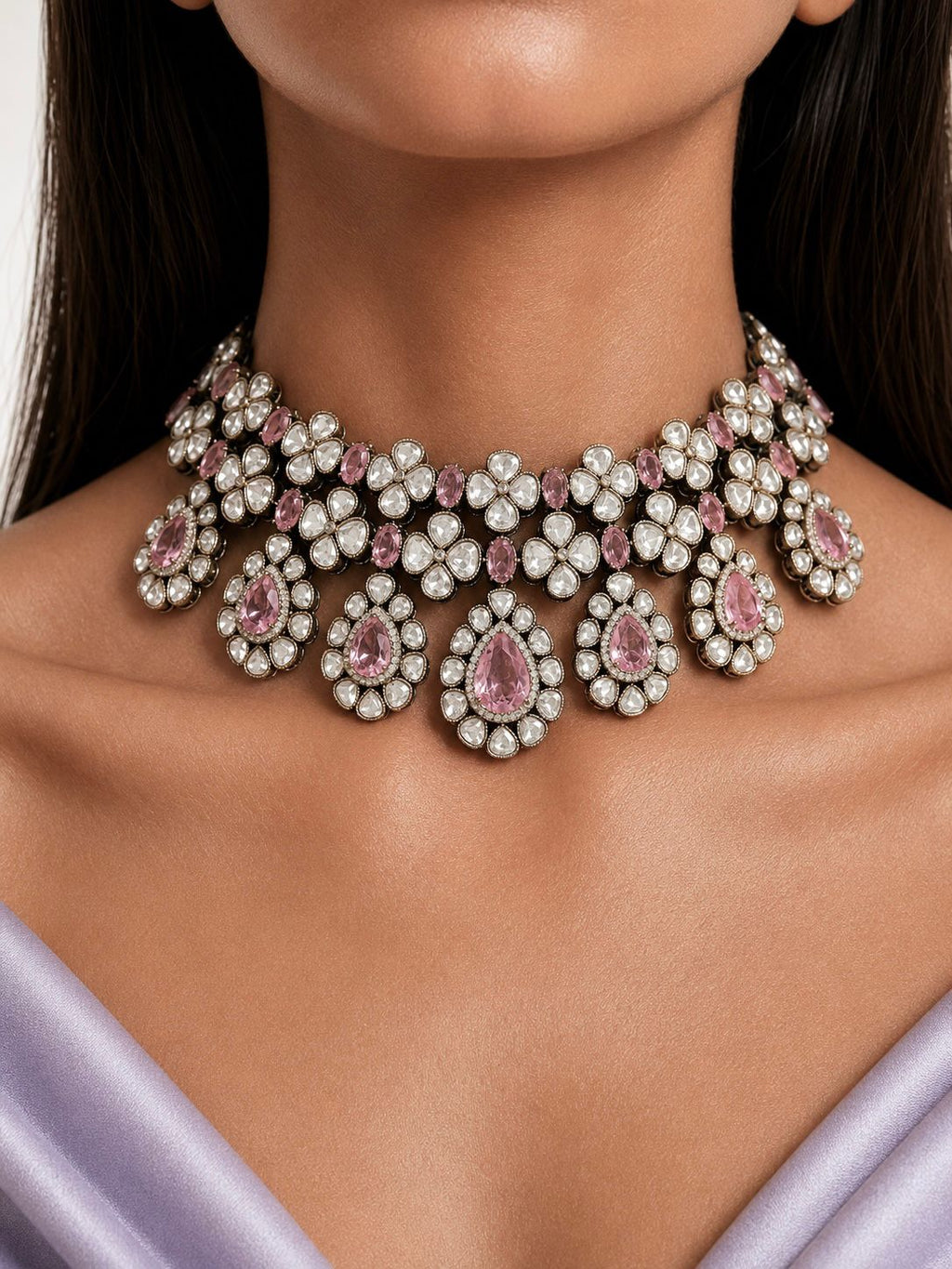 Afaf Pink Moissanite Polki Kundan Statement Luxe Necklace Set by Prerto