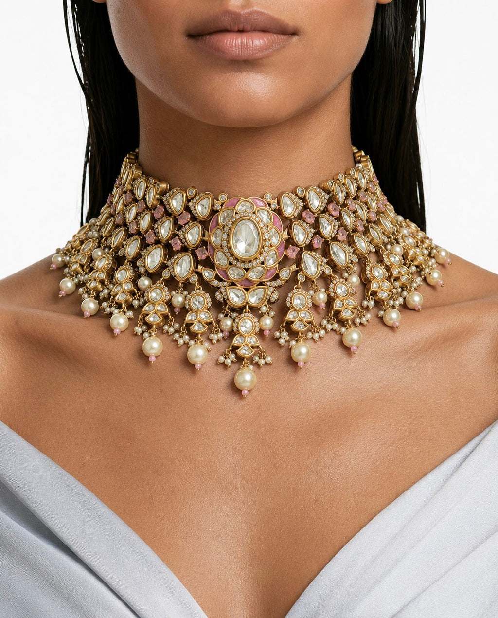 Jakra Pink Pearl Moissanite Polki Kundan Statement Luxe Necklace Set by Prerto