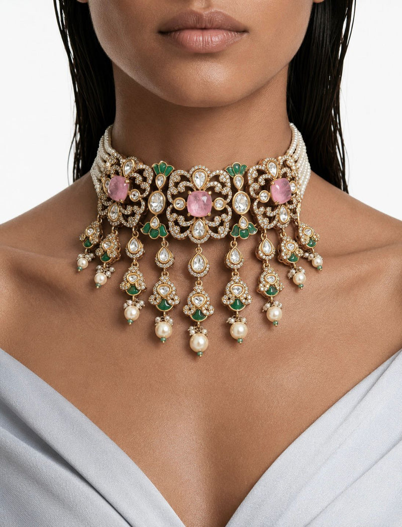 Hajra Pink Mint Pearl Moissanite Polki Kundan Necklace Set by Prerto