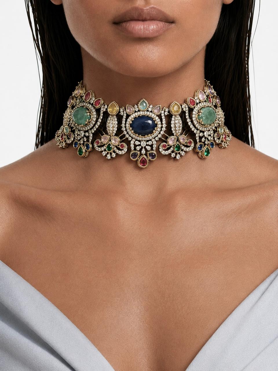 Milla Multi Colour Moissanite Polki Kundan Statement Luxe Necklace Set by Prerto