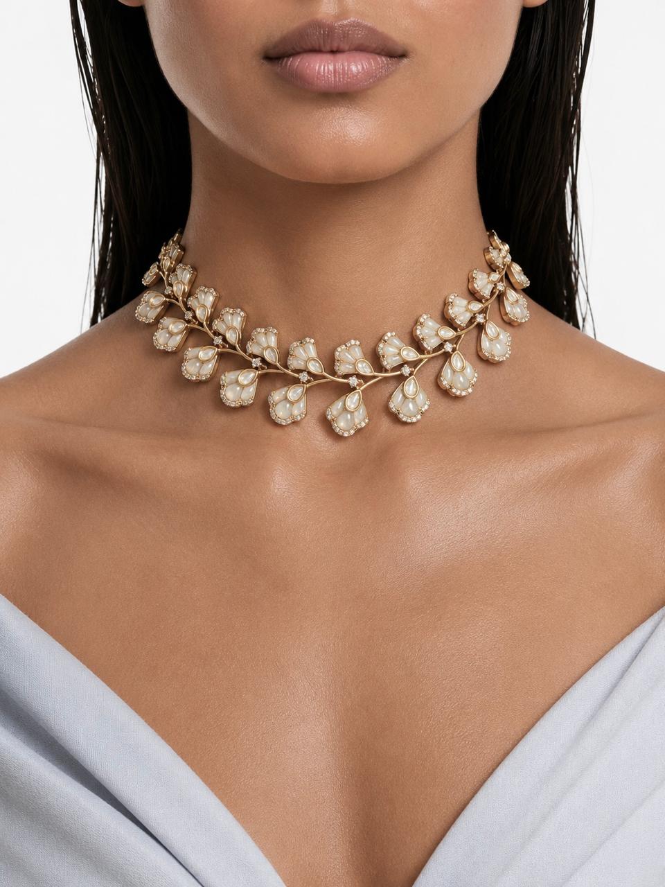 Halima Mother of Pearl Moissanite Polki Kundan Necklace Set by Prerto