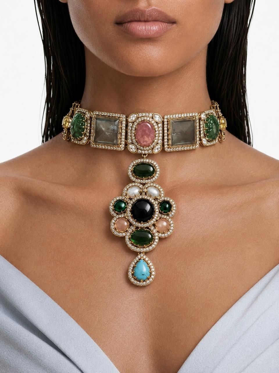 Huda Multi Colour Moissanite Polki Kundan Statement Luxe Necklace Set by Prerto