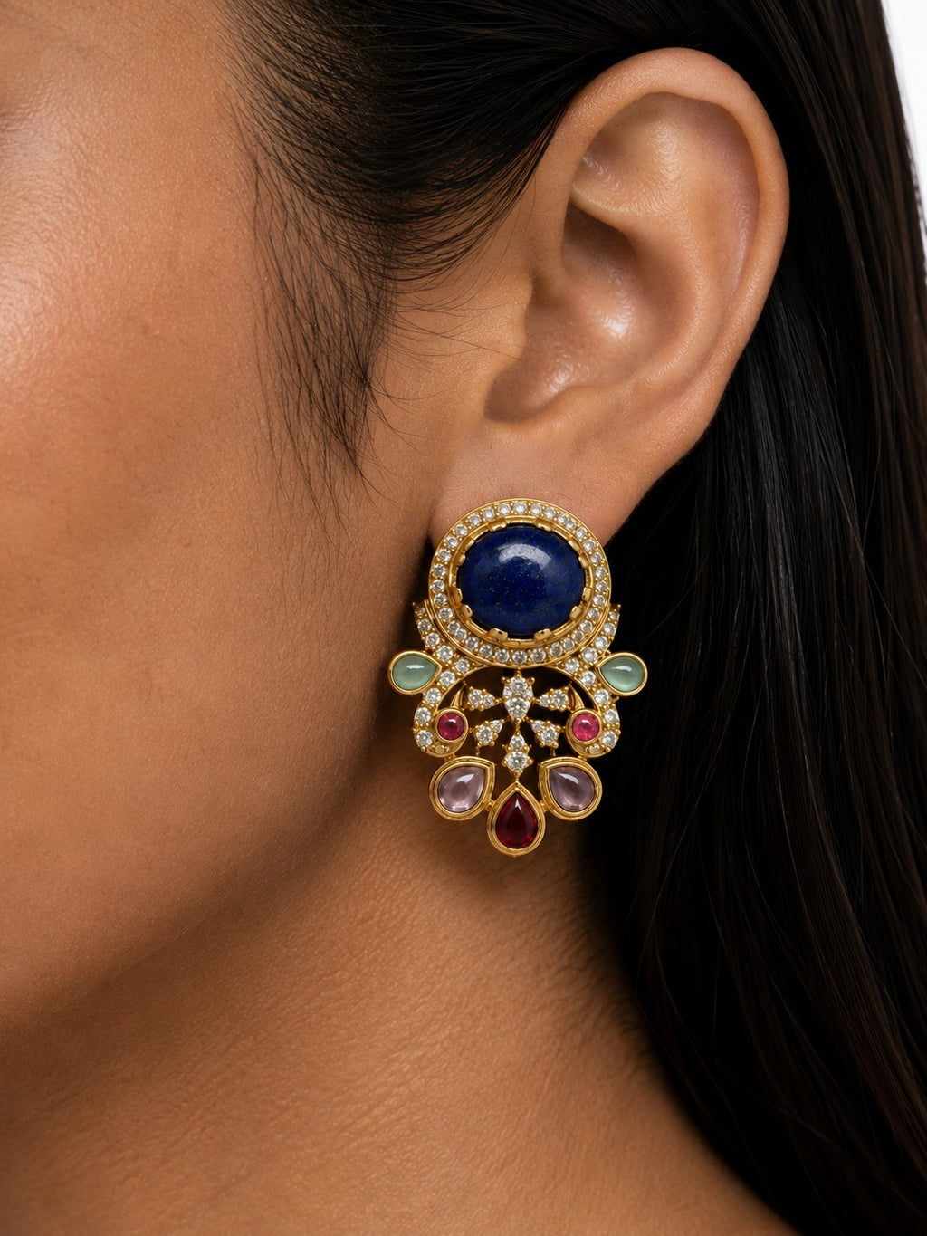 Milla Multi Colour Moissanite Polki Kundan Necklace Set — earrings detail, by Prerto