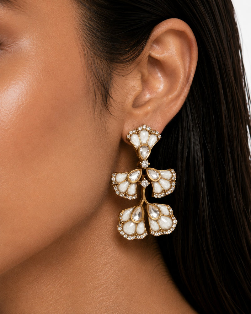Halima Mother of Pearl Polki Kundan Necklace Set — earrings detail view, by Prerto