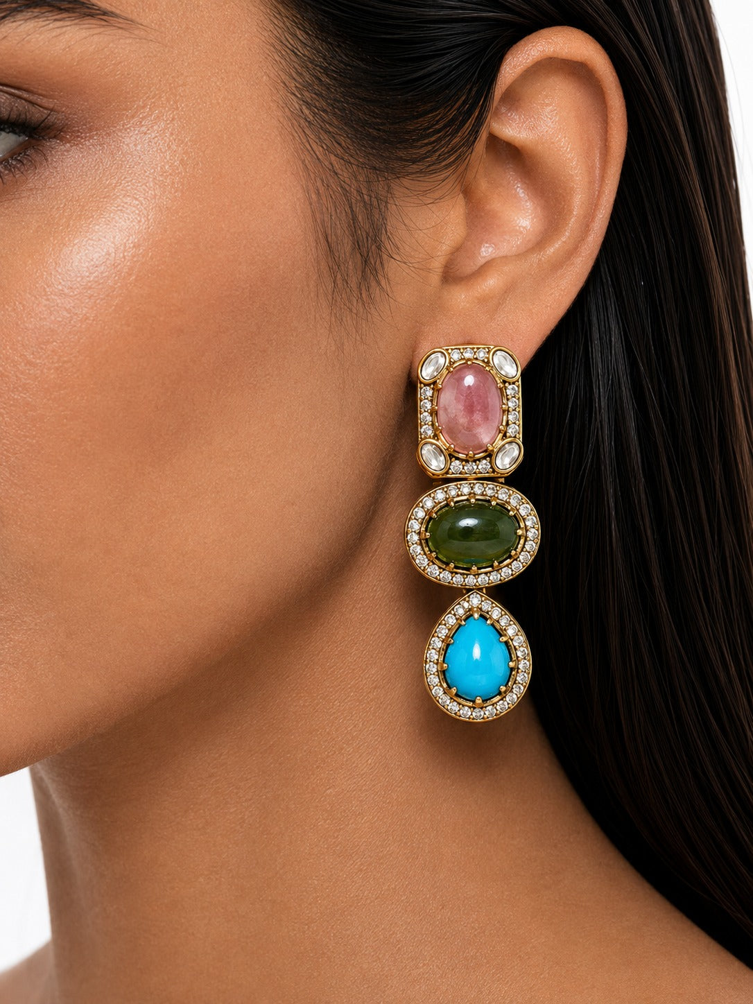 Huda Multi Colour Moissanite Polki Kundan Necklace Set — earrings detail, by Prerto