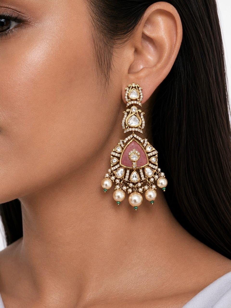 Lafiran Mint, Dusky Pink, Pearls & Moissanite Polki Kundan with Zircon Diamond Detailing Statement Luxe Necklace Set (Necklace & Earrings)